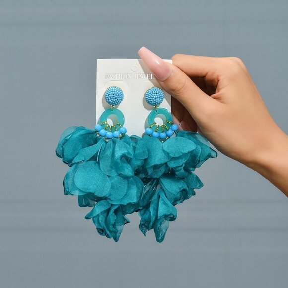 Blue Boho Womens Long Blue Tassel Flower Petal Pendant Earrings - Picture 2 of 4